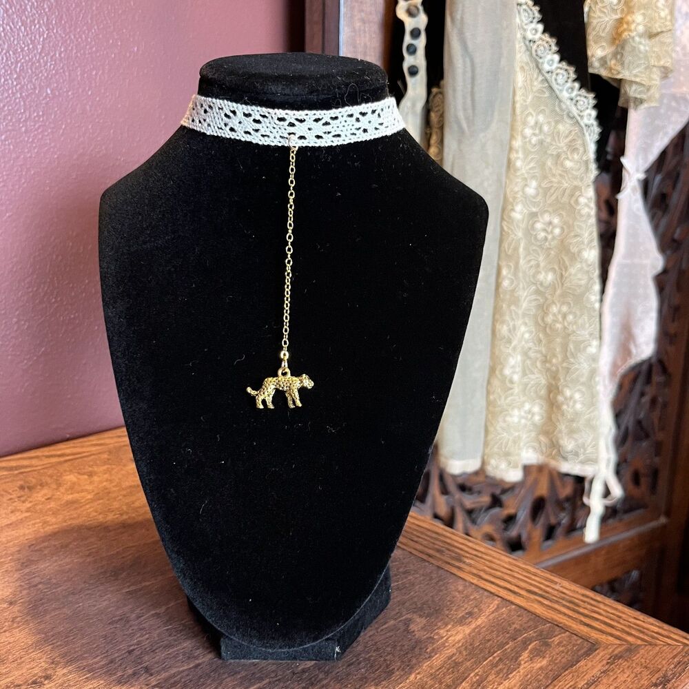 Gold Tone Leopard Drop Choker Antique-Style Lace Whimsygoth Eccentric